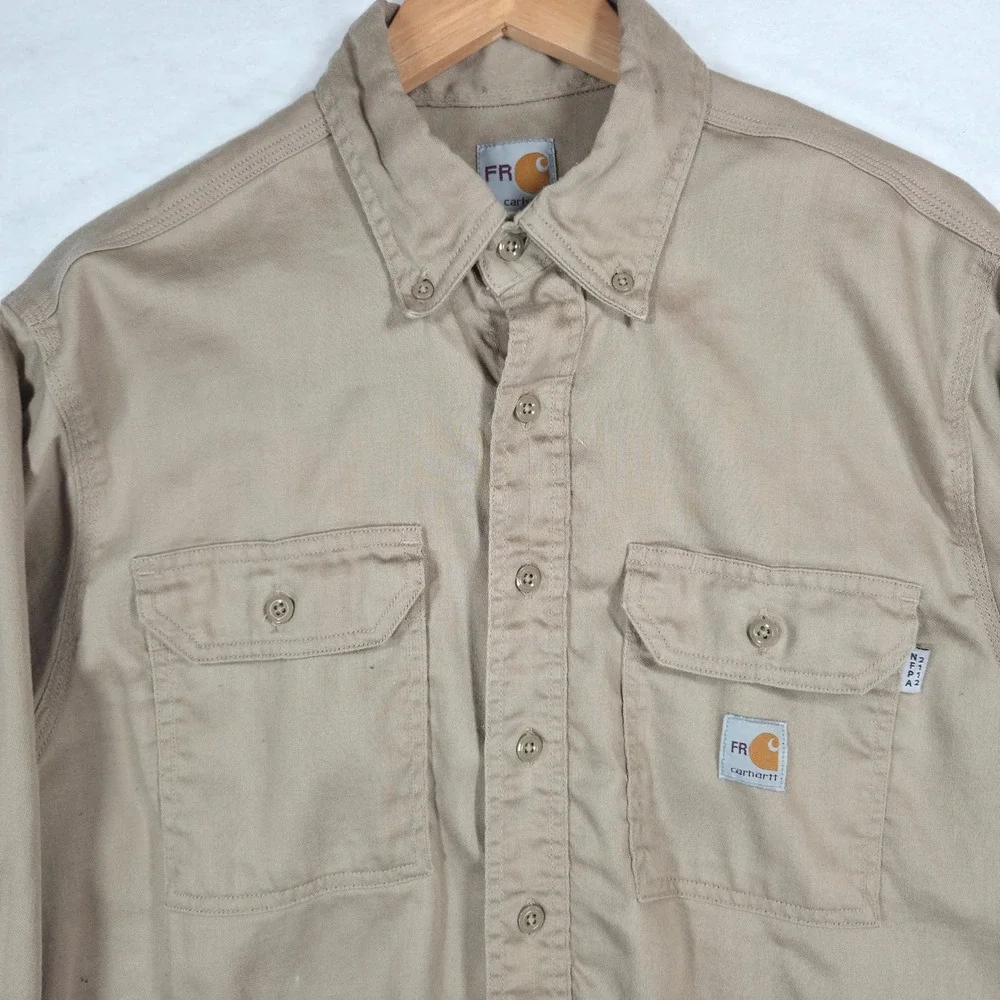 Carhartt FR Shirt Mens Large Khaki Tan Flame Resistant Work Long Sleeve FRS003